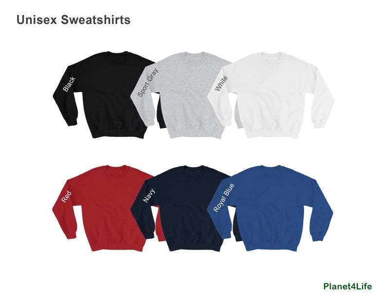 May include: A set of ten unisex sweatshirts in various colors, including black, sport gray, white, red, navy, royal blue. Each sweatshirt has a color name printed on the sleeve.