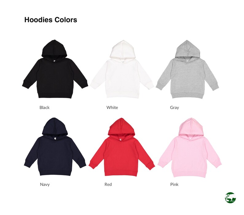 May include: Hoodies in six different colors: black, white, gray, navy, red, and pink. The hoodies are all the same style, with a drawstring hood and a kangaroo pocket.