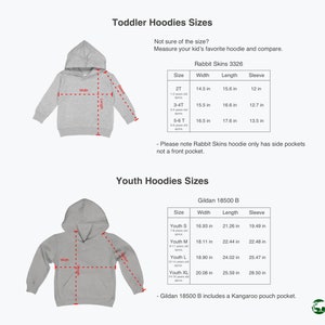May include: Size chart for toddler and youth hoodies. The chart shows the width, length, and sleeve length for different sizes of Rabbit Skins 3326 and Gildan 18500 B hoodies. The chart includes age ranges for each size.