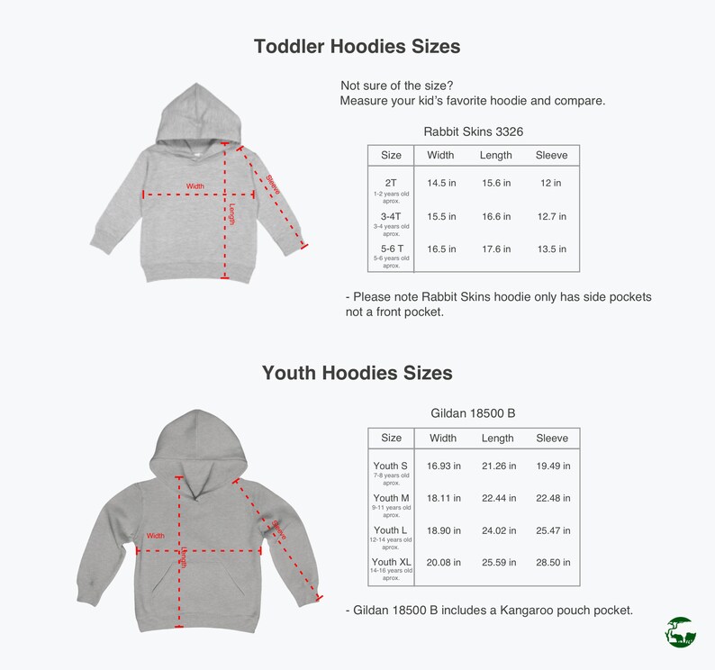 May include: Size chart for toddler and youth hoodies. The chart shows the width, length, and sleeve length for different sizes of Rabbit Skins 3326 and Gildan 18500 B hoodies. The chart includes age ranges for each size.