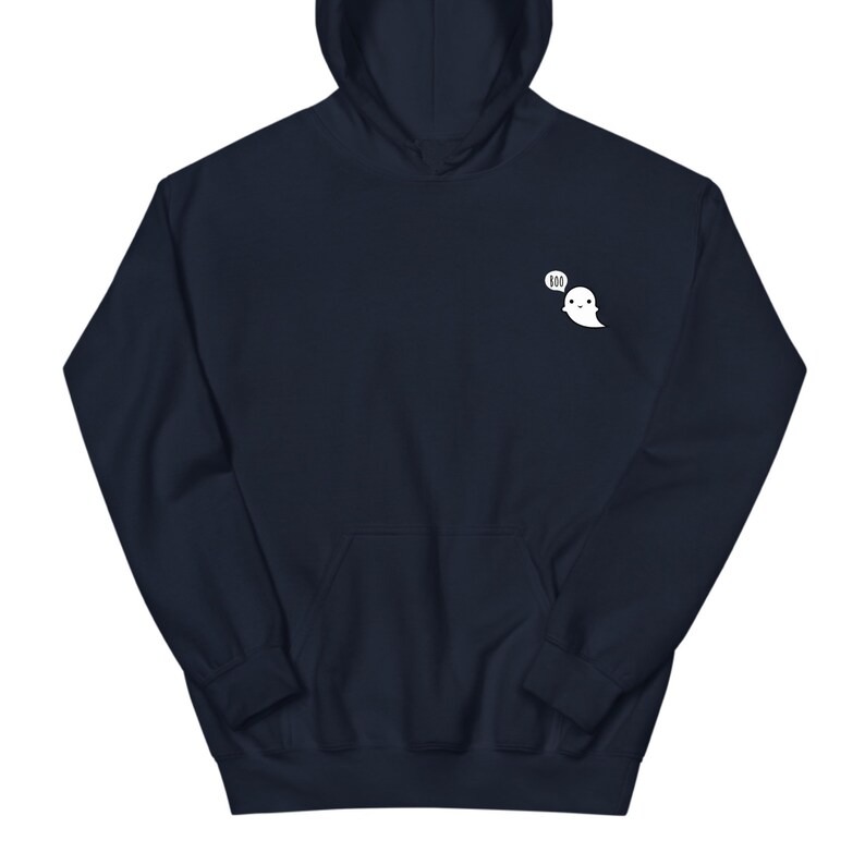 May include: Navy blue hoodie with a white ghost graphic and the word "boo" in a speech bubble. The hoodie has a front pocket and a hood. A casual, comfortable garment for everyday wear.