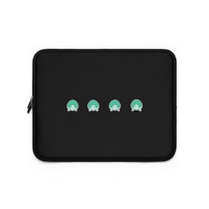 May include: Black laptop sleeve with four teal turtle designs in a row.