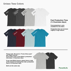May include: Unisex t-shirt color chart showing 10 different colors: black, dark grey heather, athletic heather, white, navy, maroon, ice blue, turquoise, heather grey, and black. The text "Unisex Tees Colors" is at the top of the image. The text "Fast Production Time (1-2 business days)" is in the upper right corner of the image. The text "Fast production is only available for US orders." is below the "Fast Production Time" text. The text "Production time can increase slightly in high season." is below the previous text. The text "Please note: We print in "Fruit of the Loom" and "Bella Canvas". Fruit of the Loom is the default, production time takes 1-2 business days." is in the lower left corner of the image. The text "If you want Bella Canvas, please leave a note at the moment of making the order, production time is 3-8 business days. Both are the same size." is below the previous text. The text "Planet4Life" is in the lower right corner of the image.
