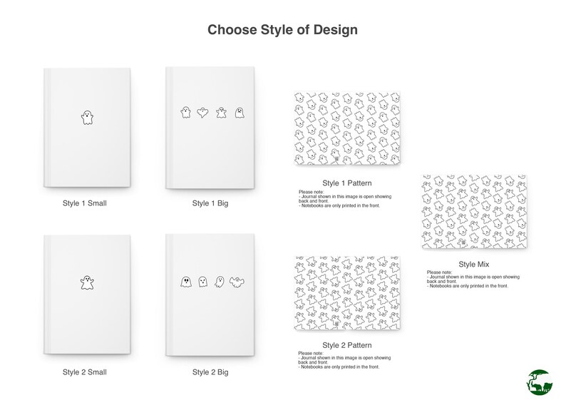 May include: A graphic design mockup showing different styles of ghost illustrations for a journal cover. The styles include a single ghost, a row of ghosts, a ghost pattern, and a mixed ghost pattern. The text "Choose Style of Design" is at the top of the image.