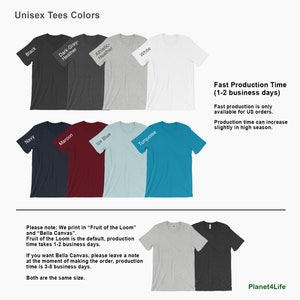 May include: Unisex t-shirt color chart showing 10 different colors: black, dark grey heather, athletic heather, white, navy, maroon, ice blue, turquoise, heather grey, and black. The text "Unisex Tees Colors" is at the top of the image. The text "Fast Production Time (1-2 business days)" is in the upper right corner of the image. The text "Fast production is only available for US orders." is below the "Fast Production Time" text. The text "Production time can increase slightly in high season." is below the previous text. The text "Please note: We print in "Fruit of the Loom" and "Bella Canvas". Fruit of the Loom is the default, production time takes 1-2 business days." is in the lower left corner of the image. The text "If you want Bella Canvas, please leave a note at the moment of making the order, production time is 3-8 business days. Both are the same size." is below the previous text. The text "Planet4Life" is in the lower right corner of the image.