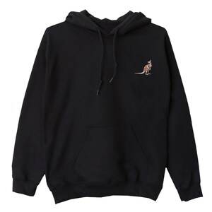 May include: Black hoodie featuring a kangaroo emblem on the upper left chest. The kangaroo is illustrated in brown and tan tones. The sweatshirt includes a front pocket and a drawstring hood.