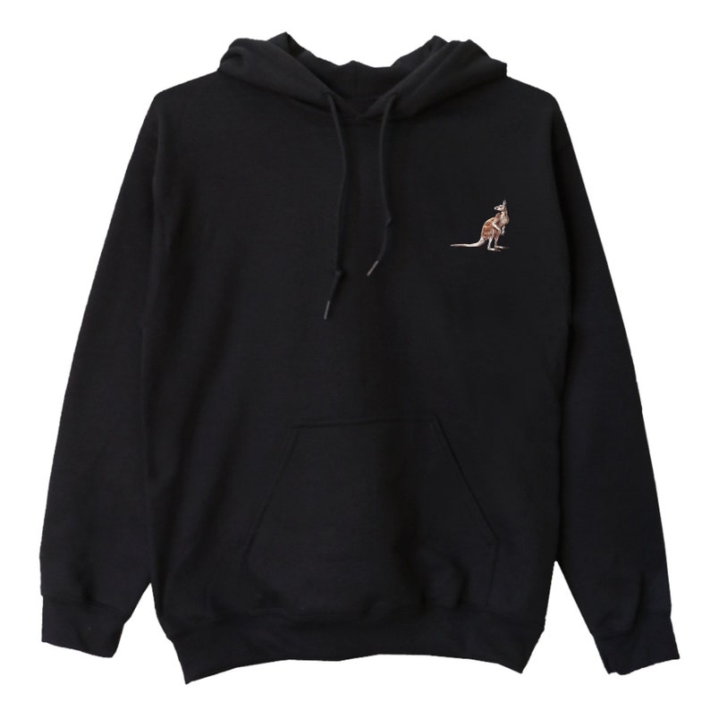 May include: Black hoodie featuring a kangaroo emblem on the upper left chest. The kangaroo is illustrated in brown and tan tones. The sweatshirt includes a front pocket and a drawstring hood.