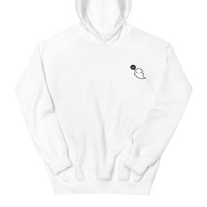 May include: White hooded sweatshirt with a front pocket and drawstring. A small black and white ghost graphic with the word "BOO" in a speech bubble is on the upper left chest. The sweatshirt is made of a soft material.