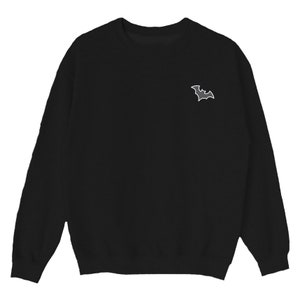 May include: Black sweatshirt with a small, white bat graphic on the left chest.