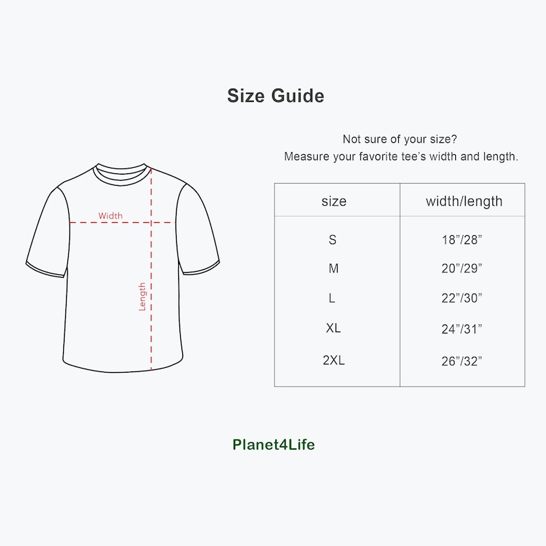 May include: Size chart for a t-shirt with measurements in inches. The chart shows the width and length of the shirt in inches for sizes S, M, L, XL, and 2XL. The text "Planet4Life" is at the bottom of the chart.