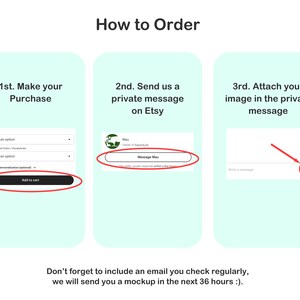 May include: A graphic illustrating how to order a product. It shows steps: make a purchase, send a private message on Etsy, and attach an image. Includes a call to action to add to cart and message the seller.