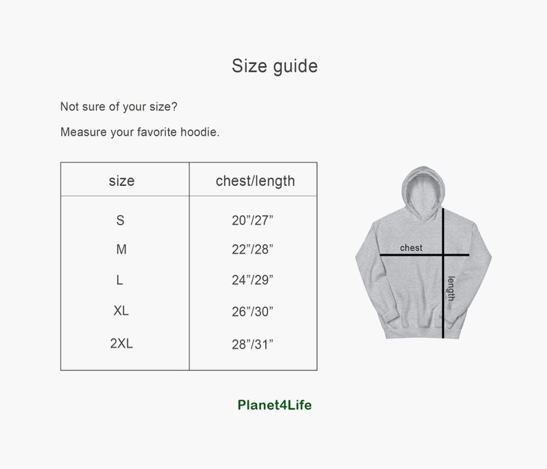 K&ouml;nnte beinhalten: Gr&ouml;&szlig;entabelle f&uuml;r einen Hoodie mit Ma&szlig;en in Zoll f&uuml;r Brustumfang und L&auml;nge. Die Tabelle zeigt die Gr&ouml;&szlig;en S, M, L, XL und 2XL mit den entsprechenden Brust- und L&auml;ngenma&szlig;en. Die Tabelle ist mit "Gr&ouml;&szlig;en&uuml;bersicht" und "Planet4Life" beschriftet.