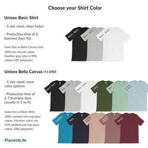 May include: A chart displaying various colour options for unisex t-shirts. The chart showcases two types of shirts: Basic and Bella Canvas. The Basic shirts are available in black, grey, and white. The Bella Canvas shirts are available in black, grey, white, olive, mint, heather ice blue, turquoise, navy, heather peach, heather mauve, and maroon.