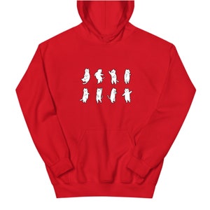 K&ouml;nnte beinhalten: Roter Kapuzenpullover mit einer wei&szlig;en Grafik von neun tanzenden Katzen in einer Reihe.