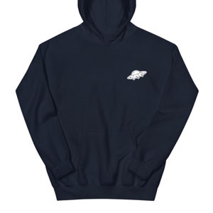 K&ouml;nnte beinhalten: Ein marineblauer Hoodie mit einem wei&szlig;en UFO-Motiv auf der Vorderseite.