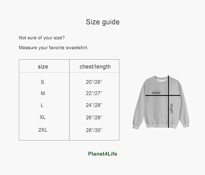 Puede incluir: Tabla de tallas para una sudadera con medidas en pulgadas para el pecho y la longitud. La tabla muestra las tallas S, M, L, XL y 2XL con las medidas de pecho y longitud correspondientes. La tabla est&aacute; etiquetada como "Gu&iacute;a de tallas" y "Planet4Life".