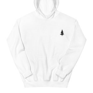 May include: White hooded sweatshirt with a small black embroidered tree on the front.