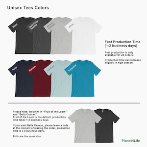 May include: A chart showing different colors of unisex t-shirts. The colors include black, dark grey heather, athletic heather, white, navy, maroon, ice blue, and turquoise. The text "Unisex Tees Colors" is at the top of the chart. The text "Fast Production Time (1-2 business days)" is at the top right of the chart. The text "Fast production is only available for US orders. Production time can increase slightly in high season." is below the "Fast Production Time" text. The text "Please note: We print in "Fruit of the Loom" and "Bella Canvas". Fruit of the Loom is the default, production time takes 1-2 business days. If you want Bella Canvas, please leave a note at the moment of making the order, production time is 3-8 business days. Both are the same size." is at the bottom of the chart. The text "Planet4Life" is at the bottom right of the chart.
