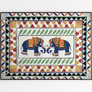Madhubani Art for Indian Home Decor, Elephant Madhubani Art, Hand Painted Indian Wall Decor and Folk Art for Room Decor