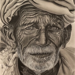 Original Pencil Portrait Drawing of Old Man With Turban ( Very detailed and Hand drawn on Canson paper )