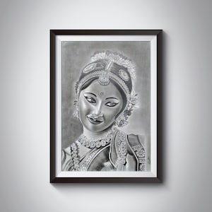 Original Bharatanatyam Dance Painting (Classical Indian Dancer) ( Very detailed and Hand drawn on Canson paper ) Pencil Portrait Drawing