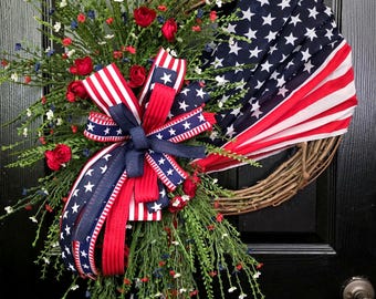 Patriotic Wreath,  Red White and Blue Decor, Independence Holiday Decorations