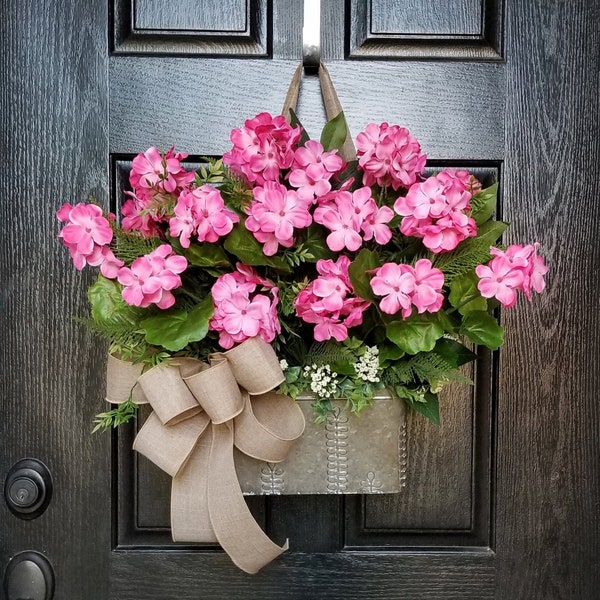 Wreaths for Front Door, Farmhouse Wreath, Spring Wreath, Summer Wreath, Mothers Day Wreath, Bucket Wreath, Geranium Wreath, Door Wreath