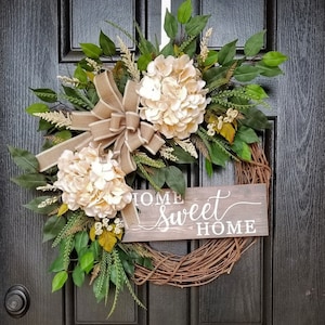 Wreath for Front Door Fall, Everyday Wreath, Hydrangea Wreath, Farmhouse Wreath