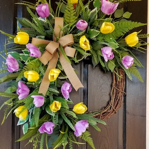 Tulip Spring Door Wreath: Yellow, Purple, and Burlap Bow
