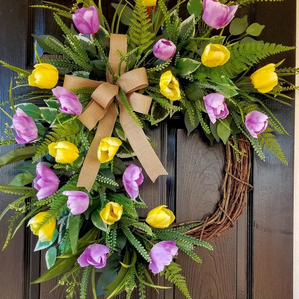 Spring Door Wreath, Spring Tulip Wreath, Tulip Door Wreath, Easter Wreath, Wreath for Front Door Spring, Mother's Day Gift, Front Door Decor