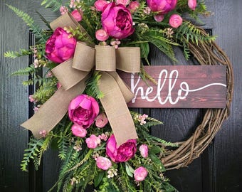 Couronne de pivoine printanière, décoration de porte de ferme, couronnes de tous les jours pour porte d'entrée