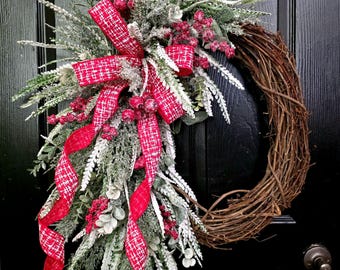 Christmas Wreath, Winter Front Door Decor, Eucalyptus and Berry Decor