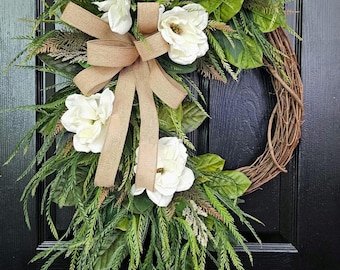 Couronne de magnolias pour porte d'entrée, décoration printanière de ferme