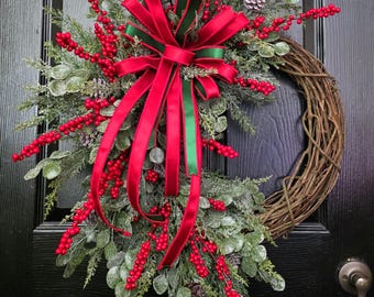 Pine and Cedar Christmas Wreath, Winter Front Door Decor