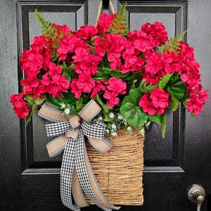 Wreaths for Front Door, Farmhouse Wreath, Door Basket, Summer Wreath with Red Geraniums, Year Round Wreath