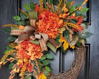 Fall Wreath, Fall Wreaths for Front Door, Hydrangea Wreath