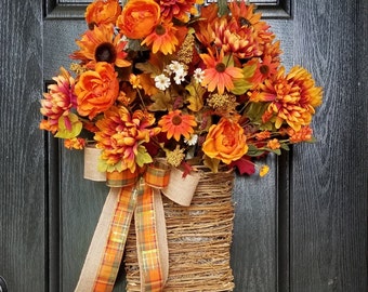 Fall Wreath, Fall Door Basket, Harvest Decor, Autumn Wreath, Fall Door Decor