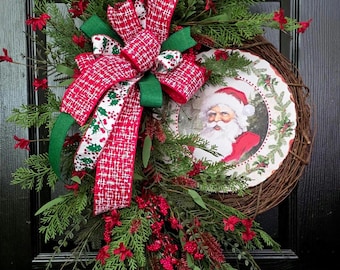 Christmas Wreath with Pine and Berries, Winter Front Door Decor, Vintage Santa