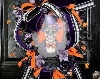 Halloween Swag Wreath, Skeleton Front Door Decor