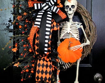 Couronne d'Halloween squelette et citrouille : Décoration de porte d'entrée effrayante