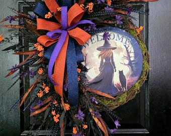 Couronne de sorcière pour Halloween, décoration d'automne pour porte d'entrée