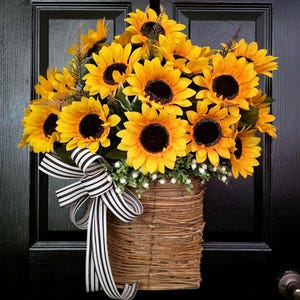 Wreaths for Front Door, Farmhouse Wreath, Door Basket, Summer Wreath with Sunflowers, Year Round Wreath