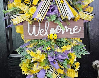 Wreaths for Front Door, Bee Wreath, Welcome Wreath, Summer Bee Wreath, Spring Wreath, Lavender Wreath, Honey Bee Decor