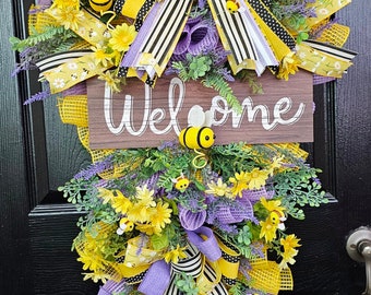 Couronne d'abeilles lavande, guirlande de marguerites jaunes, décoration de porte de bienvenue