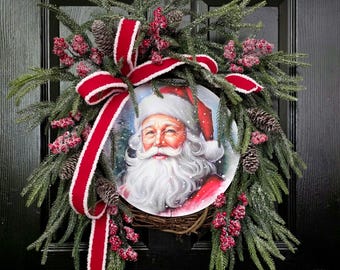 Christmas Wreath with Pine and Berries, Winter Front Door Decor, Classic Santa