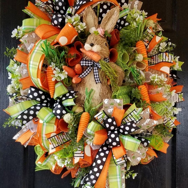 Wreaths for Front Door, Easter Wreath, Carrot Wreath, Spring Wreath, Spring Bunny Wreath for Front Door,Easter Rabbit Porch Decor,