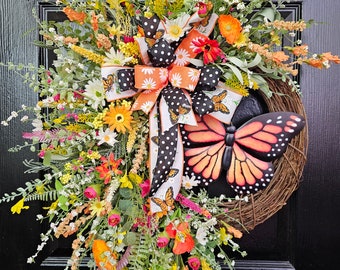 Couronne de papillons, couronnes d'été, décoration de porte d'entrée de ferme