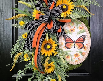 Couronne d'été, décoration printanière pour porte d'entrée, couronnes de ferme, 36 x 23 po