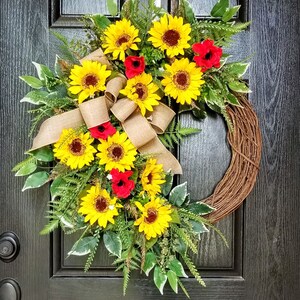 Spring Door Wreath, Summer Wreath, Sunflower Door Wreath, Red Geranium Wreath, Spring Wreath for Front Door, Mother&#39;s Day Gift, Red Wreath