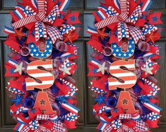 Patriotic Wreath for Front Door, 4th of July Wreath, Red White and Blue Wreath